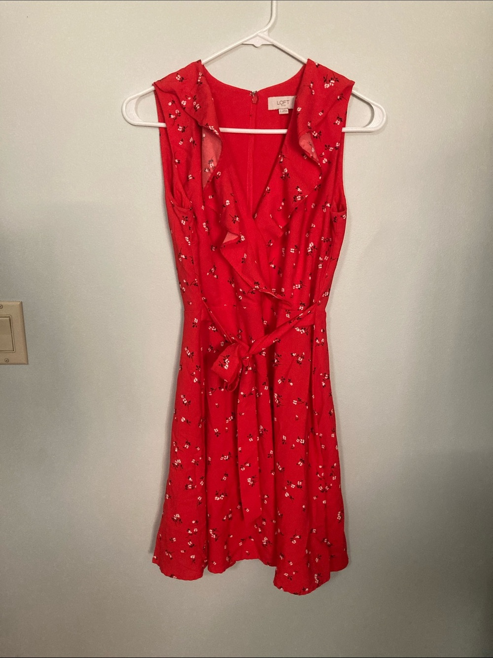 LOFT Red Floral Ruffle Tie-Waist Midi Dress